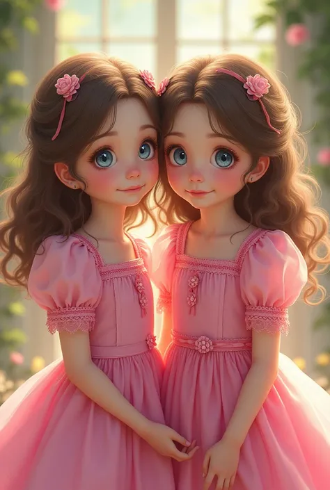 Brown-haired, blue-eyed twin  girls wearing pink dresses