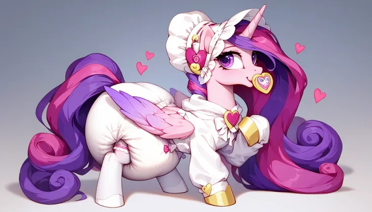 alicorn pony alone , princess cadence, adult mare,  purple eyes,  sits on a soft play mat , the mane is assembled in a white bonnet with pink hearts ,  dressed in an adult white onesie with holes for two wings and decorated with pink heart patterns, white ...