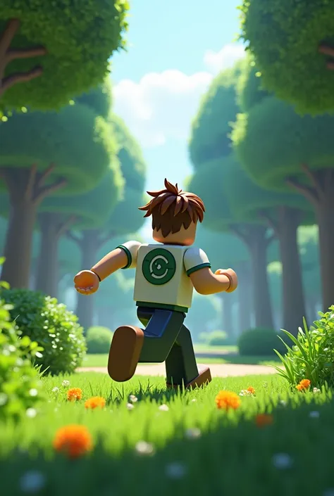 Make a Roblox character running in profile with a park with trees in the background