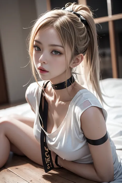 beautiful girl, young teenager, 2.5D ,white pony tail hair ,white silver hair ,short girl ,white bodysuit, lace pattern ,sad face ,fullbody ,semi realism ,kawaii ,idol ,cute eyes ,Detailed eyes ,3D anime ,Sexy ,bondage ,blindfold ,bdsm ,big chest, blowjob ...