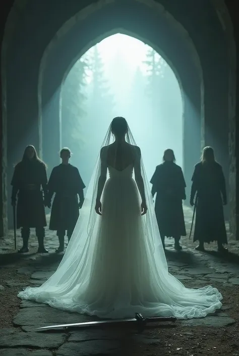  Create a scene of a beautiful female ghostly figure wrapped in transparent ethereal veils floating in shadows.  They accompany 4 young men and 3 young women in the middle of an ancient Viking road with s,  swords and shields on the floor . All with their ...