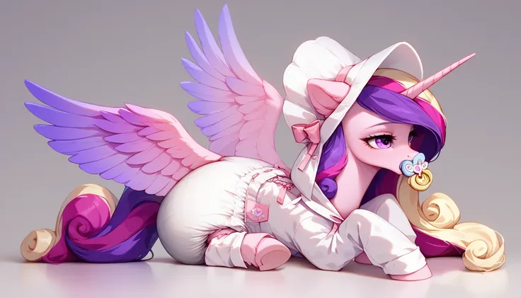 alicorn pony alone , princess cadence, adult mare,  purple eyes,  sits on a soft play mat , the mane is assembled in a white bonnet with pink hearts ,  dressed in an adult white onesie with holes for two wings and decorated with pink heart patterns, white ...