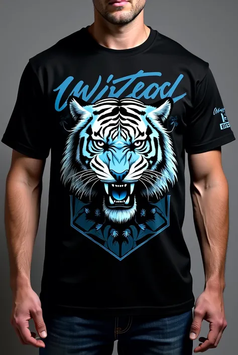 Create black shirt with blue style ,  written third on the back with the number 8 ,  and on the front the head of a white tiger showing its teeth 