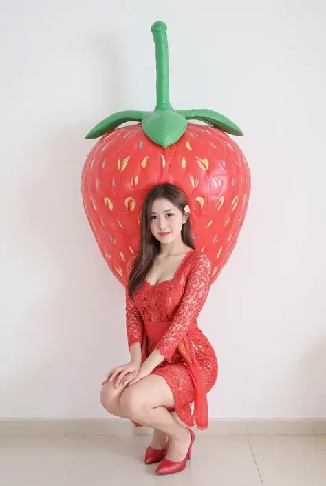 The image shows a young Chinese woman kneeling in front of a large red strawberry. The strawberry is inflated and has a green stem and leaves on top. The woman is wearing a red dress and red high heels. She has long brown hair and is smiling at the camera....