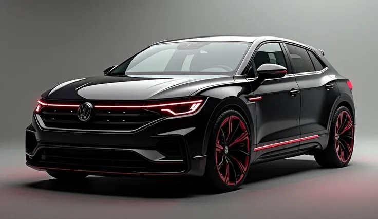  Create a prompt for seart to create an image an elegant and sporty version of the Volkswagen Vírtus 2024 model car,  model available only in South America and India .  I want it to be all black , vetri veri, black headlights ,  with red details that make ...