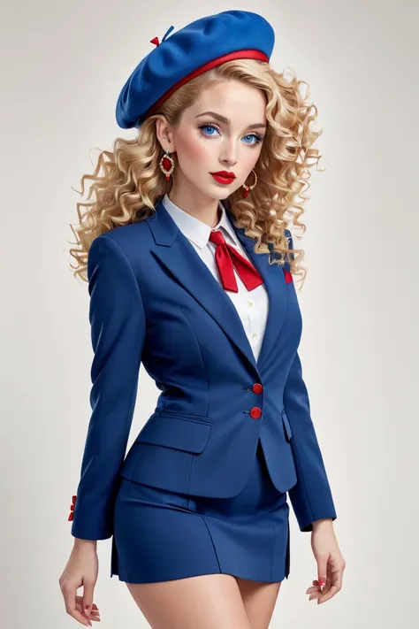 full body view, Stunning woman,   she wear a blue suit with mini skirt and a red beret, big earrings, blond curly hair, blue eyes, light makeup, red lipstick, very detailed accessories, ,white background. by Christine Stafford art