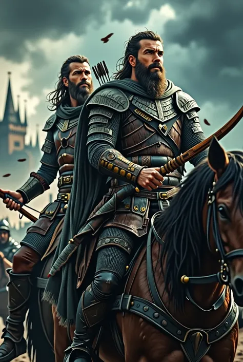 Two men riding a horse into battle. (A field during a storm with a castle in the far background) One man holds a bow and arrow, the other guides the horse. beautiful scenery, epic, action. Close up on the heroes, potrait beautiful. men sharing a horse, clo...