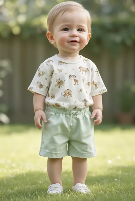 " A highly realistic digital portrait of a baby of approximately  ,  with fair skin and smooth blond hair .  He is wearing a white dress blouse with a baby animal print in safari style,  light green shorts and white shoes .  The setting is outdoor , with s...