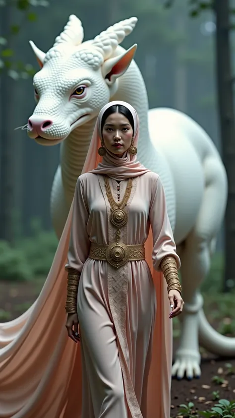 18 year old Asian girl, คนจริง, full model look. A mystical scene featuring a regal woman in traditional attire, walking forward with a large and majestic mystical white Snake behind her. flowing garments with intricate drapes in soft, earthy colors that m...