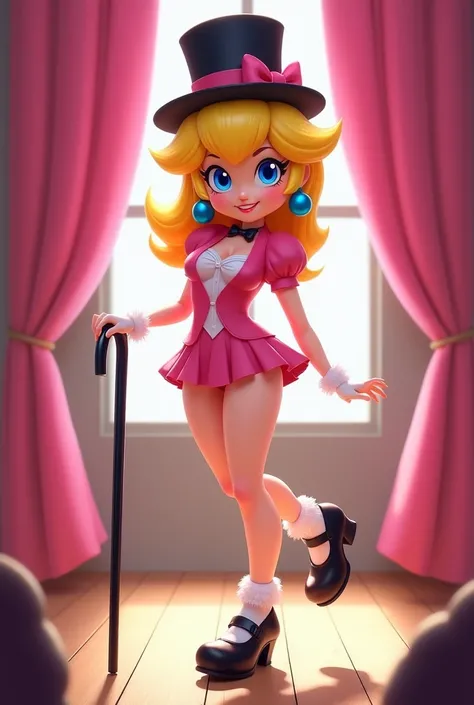 Princess Peach wearing a pink tuxedo leotard, black top hat, pink bow with a white collar around her neck, black cane, shiny black Mary Jane sharp tap shoes with cute white socks, while tap dancing cute, on a small wood board, with pink curtains, showing h...