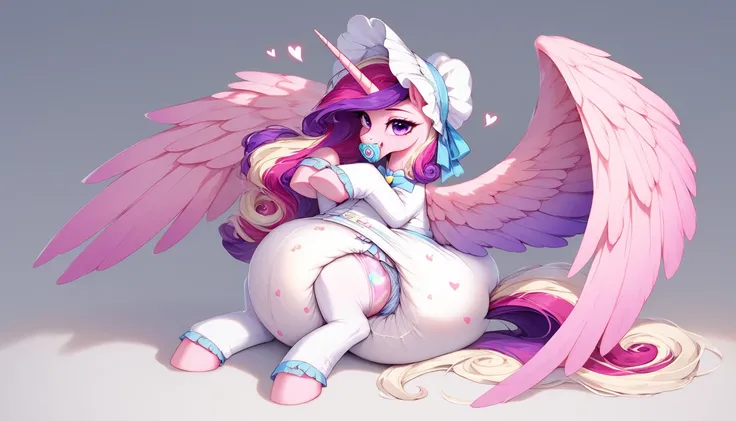 alicorn pony alone , princess cadence, adult mare,  purple eyes,  sits on a soft play mat , the mane is assembled in a white bonnet with pink hearts ,  dressed in an adult white onesie with holes for two wings and decorated with pink heart patterns, white ...