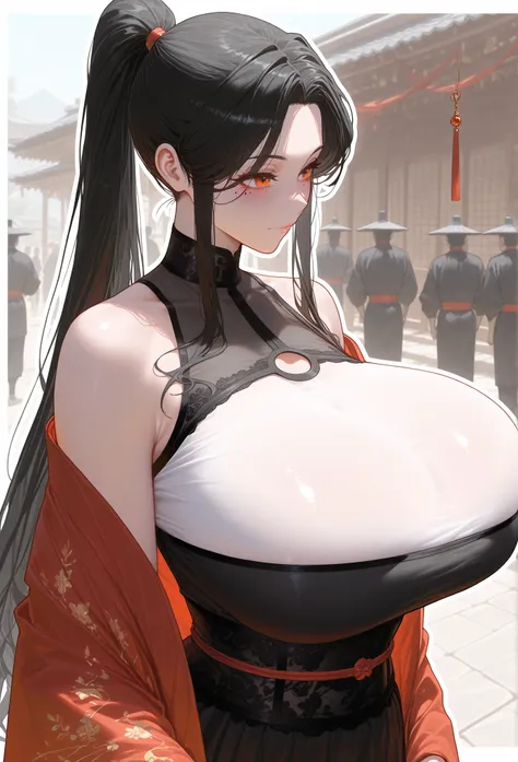 ((black hair), long hair, ponytail), (orange eyes, perfect eyes),
red oriental kimono, 
((black sheer bust panel:1.3), bust transparency only), 
standing in an eastern village, samurai in the background, people with oriental looks in the background,
(neutr...