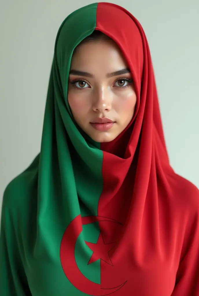 overweight pretty girl her eyes are blue wearing hijab and carrying Libyan flag 