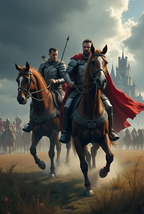 Two men riding a horse into battle. (A field during a storm with a castle in the far background) One man holds a bow and arrow, the other guides the horse. beautiful scenery, epic, action. Close up on the heroes, potrait beautiful. men sharing a horse, clo...