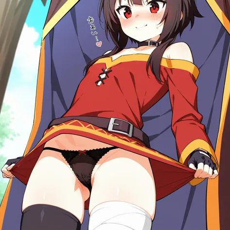 best quality, high resolution, detailed image, megumin, wearing a red dress with yellow rimming around it, lifting the hem of her dress revealing her panties, exposed sexy black panties,