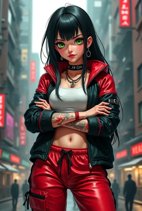 Pretty looking anime gangster mom, futuristic undercity, metallic red track pants, cropped white top, septum ring piercings, tattoos with flame-designs, bold makeup, megastructures, backstreets, 4k, high quality, best details, green beautiful expressive ey...