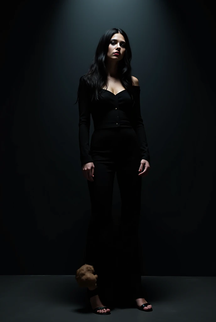 the woman stands in the center of the frame, surrounded by an aura of power and beauty. Her long black hair flows behind her like a curtain of night, contrasting beautifully against the soft, dim light that surrounds her. She wears a perfectly tailored bla...