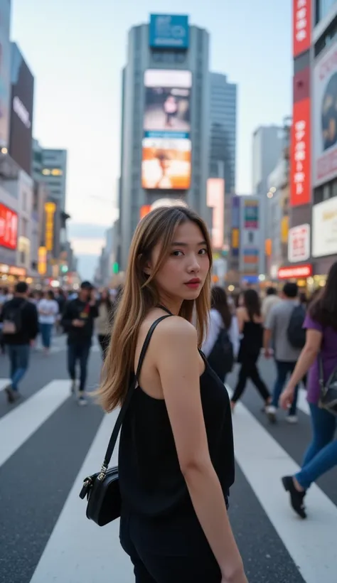 This image depicts a bustling street scene, likely taken at the famous Shibuya Crossing in Tokyo, Japan. In the foreground, a young woman is captured turning around mid-walk to glance back at the camera, her expression poised and casual. She has long, ligh...