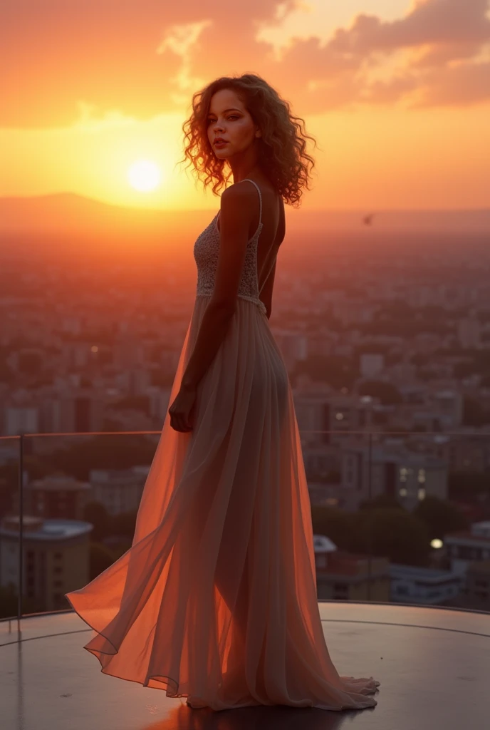 I have light curly hair and I want an image at sunset on a helipad dressed in dress 