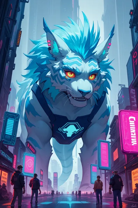 Cyberpunk rain slicks neon-drenched streets, reflecting in a chrome dragons empty sockets. A lone figure, ghostly data streams swirling around her, stands silhouetted against a towering holographic tiger. Deep blues and electric pinks clash in the hyper-de...