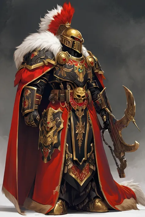 A chaos lord from the Warhammer 40k game, with a gothic-style black terminator armor equal to Horus Lurpecal, with golden demonic-style ornaments carved on the surface of the armor plates, using a red cape with white wolf fur, all the other pieces of cloth...