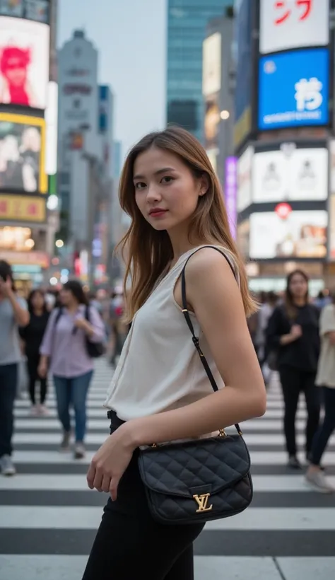 This image depicts a busy street scene, likely taken at the famous Shibuya Crossing in Tokyo, Japan. In the foreground, a young woman is captured turning mid-walk to look at the camera, her expression poised and casual. She has long, light brown hair and i...