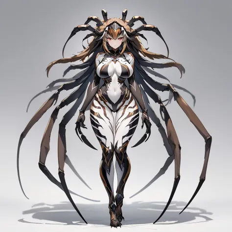 Top quality, full body, standing, from front,looking at viewer, white background, no human features,A sexy tarantula-like  female humanoid monster,perfect body,large breasts, full body paint