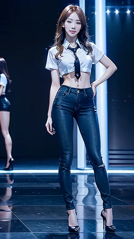 Acurate, 1 Taeyeon from SNSD、Brown hair、black eyes、Semi-long、setting hair、Slender but well-proportioned muscular body、a smile、wearing a tie-front shirt、Abs are cracked、The navel is visible、Wearing high heels、wearing very tight blue skinny jeans.、Breasts ar...