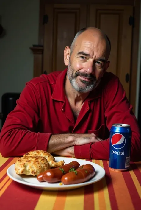  In the image a man of about 48 years old appears sitting on his back at the table, calvo.  The man wears red pajamas .  I repeat that it appears on its back. There are several shellfish on the table ,  a sausage board and a Pepsi max .  The tablecloth is ...