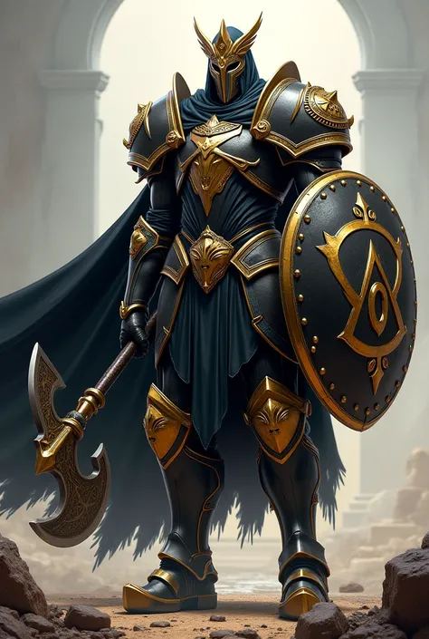 Paladin in black golden armor with a black cape with the eternity symbol . He has a crickaxe in the form of a lying 8 and a round large shield on which a lying 8 is