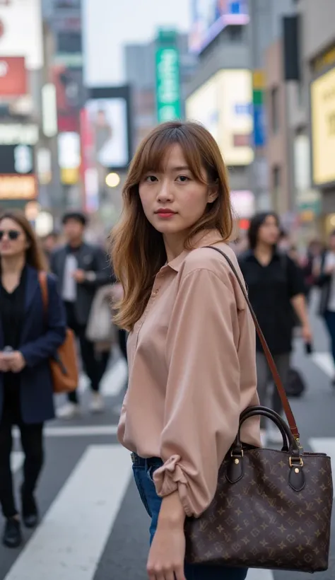 This image depicts a busy street scene, likely taken at the famous Shibuya Crossing in Tokyo, Japan. In the foreground, a young woman is captured turning mid-walk to look at the camera, her expression poised and casual. She has long, light brown hair and i...