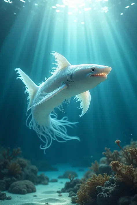 A cinematic underwater hybrid creature blending a jellyfish and a shark, set in a tranquil ocean illuminated by sunbeams piercing through the water. The creature has a sharks streamlined body with translucent, glowing skin resembling a jellyfishs bell. Its...