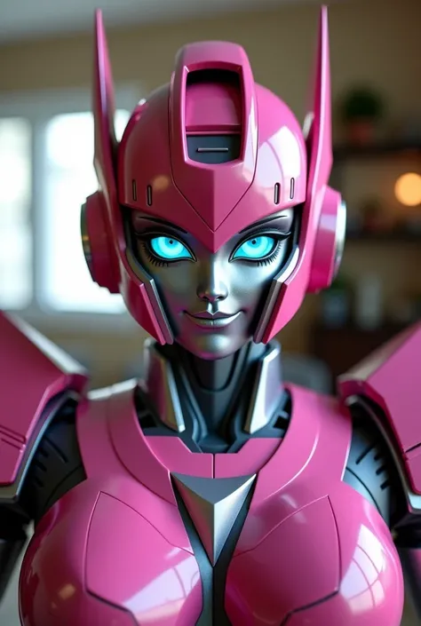  Arcee the autobot from transformers in the family room. Looking at and standing up super close to the camera like a selfie 
Arcee robot face
Dark pink metallic autobot 
Small cute smile
Massive  robot breasts
Beautiful eyes