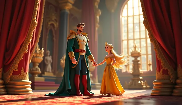 A prince comes to the kings court who is very tall land is  by a princess with long blonde hair with green eyes.disney animation pixers 3d 