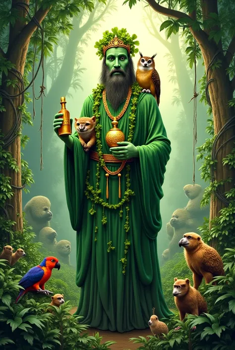 Create an image of several animals in a jungle and a green guru with a clover crown holding a gold bottle and an owl on the gurus shoulder