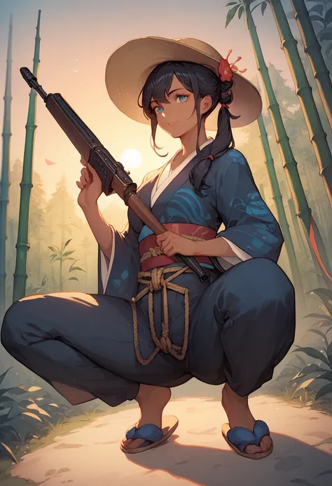 1girl, bamboo hat, black hair, twintales, dark skin, dark blue long sleeve kimono style shirt, rope belt, dark blue baggy pants, rope slippers, holding a rifle, crouching in a forest, afternoon, sunset, looking at viewer 