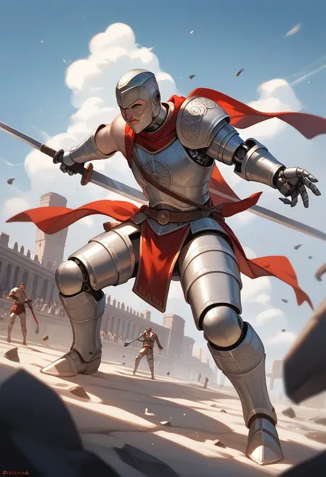 score_9, score_8_up, score_7_up, score_6_up, score_5_up, score_4_up, rating_safe, Robot Gladiator in a gladia costume holding a sword and a sword, steel mask, sneering roman legioneer, Robot Gladiator, roman Robot Gladiator, action scene,