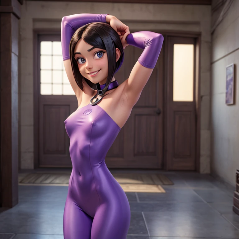 A photo of a pretty girl, front view, slim, smiling, naked, 20 years old, arms behind head, iron collar, Violet Parr