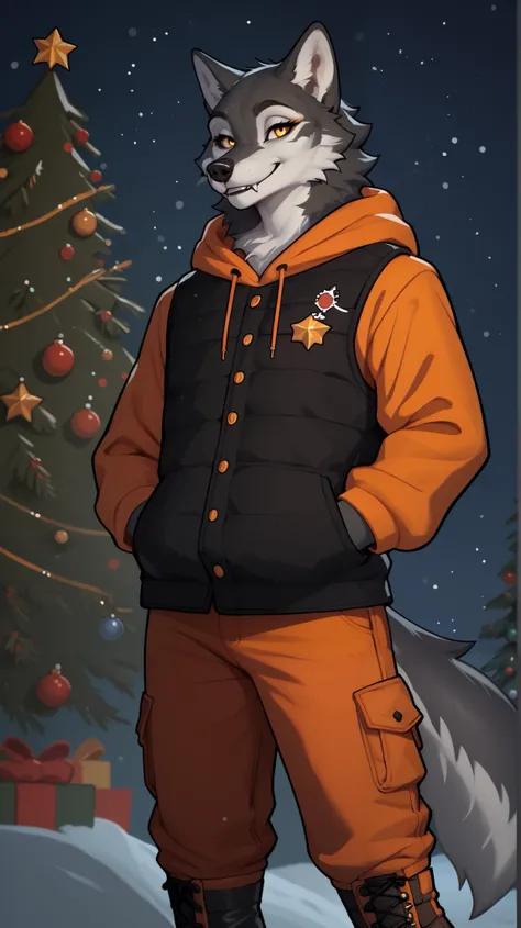 (zPDXL2), (PonyXLV6_Scores), Expressiveh, full body shot, BREAK
lhata4564, d3t41l3d, 
Furry, anthro, standing, solo, full body, (Wolf, black fur), ((wearing orange hoodie, orange cargo pants) , (black high boots, warm black vest)), smiling, Christmas backg...