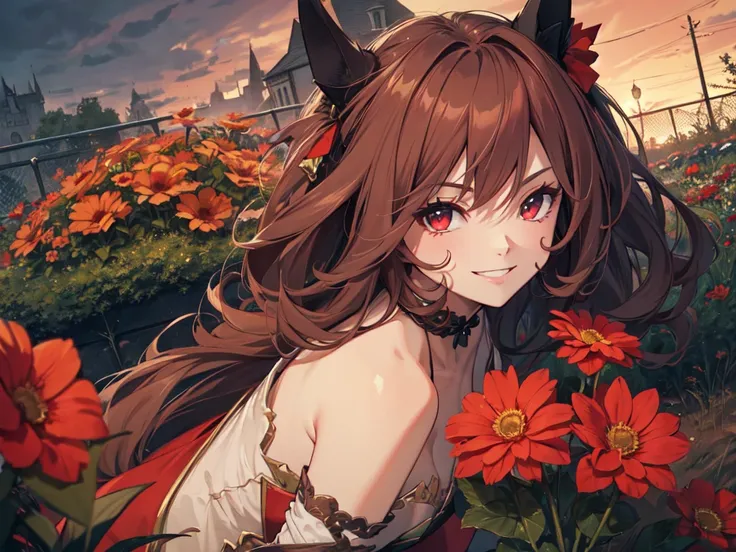 ((Solo)), (Fan art for PC wallpaper), (Drawing focused on chest), (Shortened fingers), Horse ears, Makeup, Smiling showing gums, (Looking to the side with arms crossed), (See-through outfit), ((Red flower bed)), (Red sky), Inside the castle walls, Wind blo...