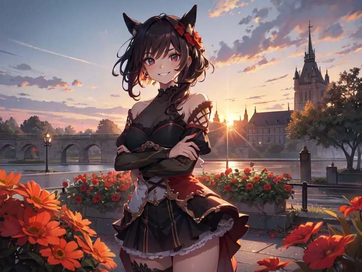 ((Solo)), (Fan art for PC wallpaper), (Drawing focused on chest), (Shortened fingers), Horse ears, Makeup, Smiling showing gums, (Looking to the side with arms crossed), (Black see-through outfit), ((Red flower bed)), (Red sky), Inside the castle walls, Wi...