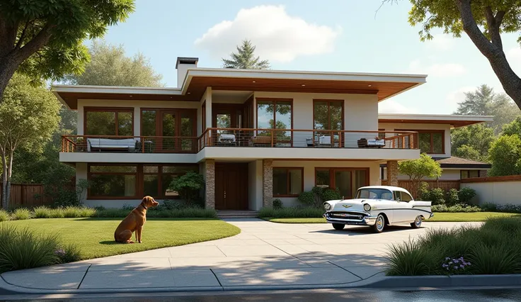 a beautiful mid-century modern mansion from the 1950s, home has 3 stories, there is a 1957 Chevrolet in the driveway and a dog is sittingon the porch, in a suburban Los Angeles neighborhood