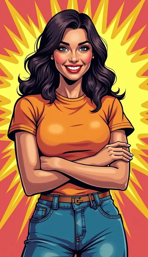 DISCREET image. with discreet casual clothes. image adult woman, american, comic book style. happy. IMAGES WITH VIBRANT COLORS. with Colorful background. with arms crossed