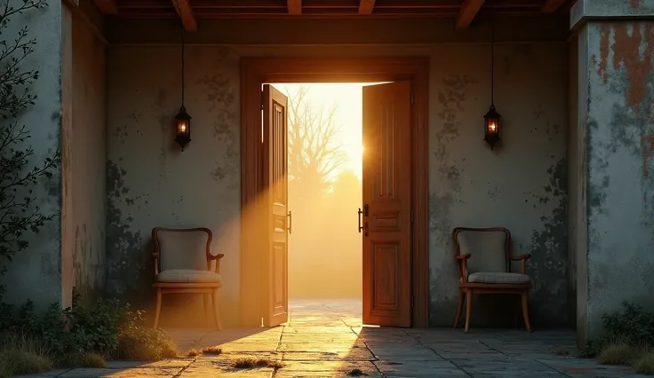  The door of an old house but with contemporary decoration , allows the light of the west to pass through ,  the one that intersects with the shadows and particles of dust inside the house.  The interior of the house has a variety of art ,  paintings and s...