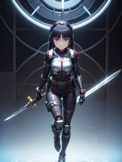  1 girl, Alone, (ruri gokou), hime cut,  long hair, mole, mole under eye, ((ロボットsword闘士)), ( riding belt :1),  gloves, (sword),  helmet ,(armor:1), Body Suit,  helmet , mask , Power Range Remel、Shiny Clothes 、パワーレンジャーBody Suit、 Pro Pictures、 cinematic ligh...