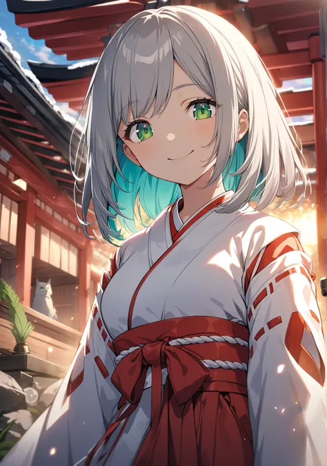 1 girl, Game CG, 
shallow depth of field, a portrait with a soft Gaussian blurred background, creating a dreamy atmosphere, focus on face, 
cowboy shot, from bellow, straight standing, looking viewer, enjoy expression, Warm Smile,

(silver Hair,  turquoise...