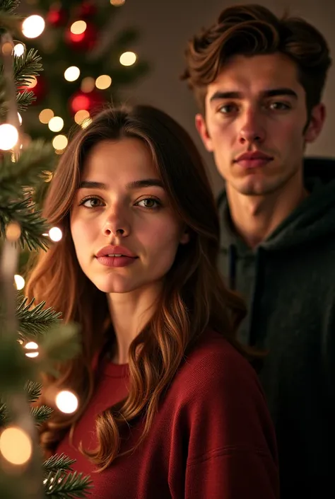 a female, european, young adult, slim body, wavy brunette hair, and the guy with the brown hair at the Christmas tree, looking at camera