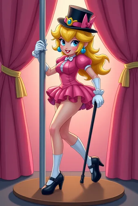 Princess Peach wearing a pink tuxedo leotard, black top hat, pink bow with a white collar around her neck, black cane, shiny black Mary Jane sharp tap shoes with cute white socks, while tap dancing and grinding against the stripper pole, on a small wood bo...