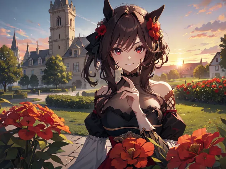 ((Solo)), (Fan art for PC wallpaper), (Drawing focused on chest), (Shortened fingers), Horse ears, Makeup, Smiling showing gums, (Resting chin on hand), (Black see-through outfit), ((Red flower bed)), (Red sky), Inside castle walls, Wind blowing, (Dynamic ...