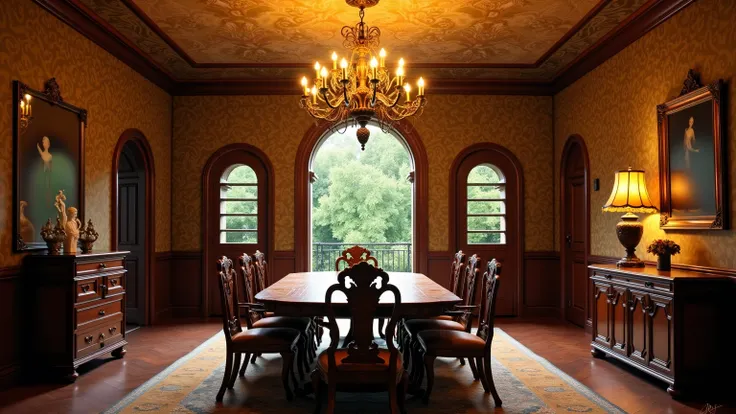 A formal dining room with a large chandelier, a wooden table with chairs, and a cabinet or sideboard against the wall. The room has arched doorways and appears to be from an older, historic building, featuring In Art Nouveau decor and warm lighting with a ...